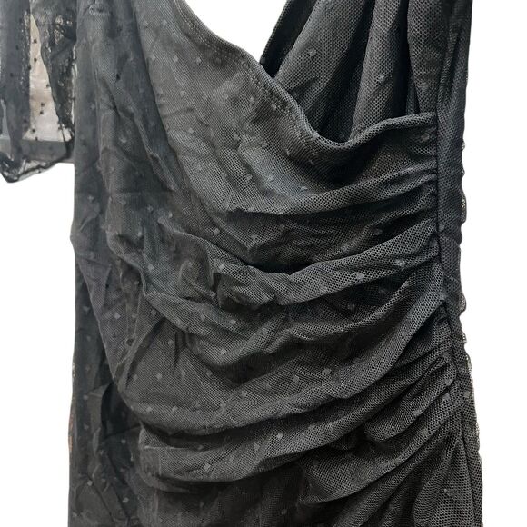 ASOS Design Size 4 Mini Dress Black Polka Dot Ruched Puff Sleeve Mesh V-Neck - Picture 2 of 8